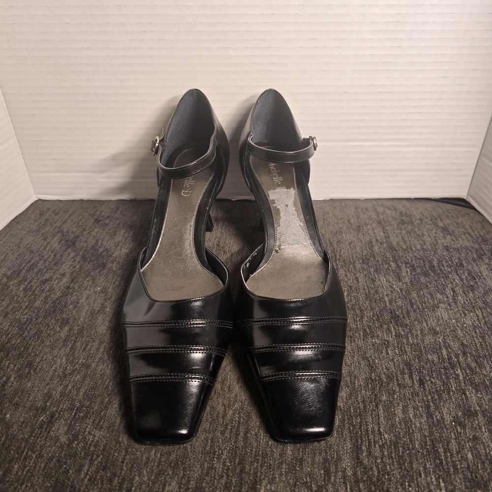Michelle D Womens Black Leather Ankle Strap Square Toe Kitten Heels Size 9.5M